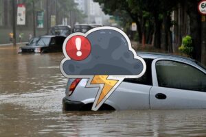 strada alluvionata e segnale di forti temporali