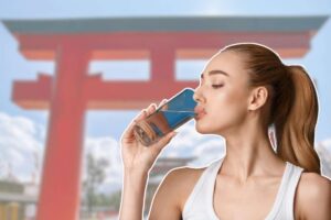 ragazza beve un bicchiere di acqua e sfondo paesaggio
