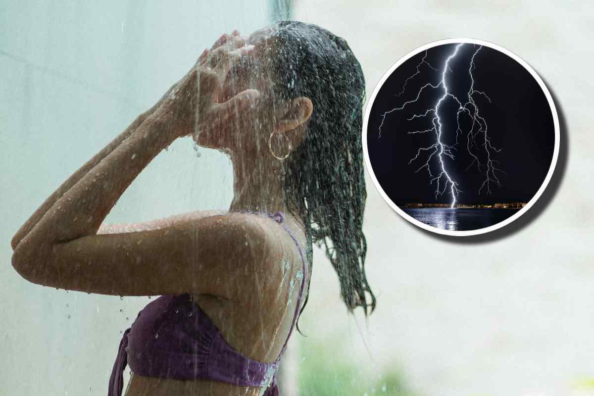 Una ragazza sotto la doccia e, in evidenza, un fulmine