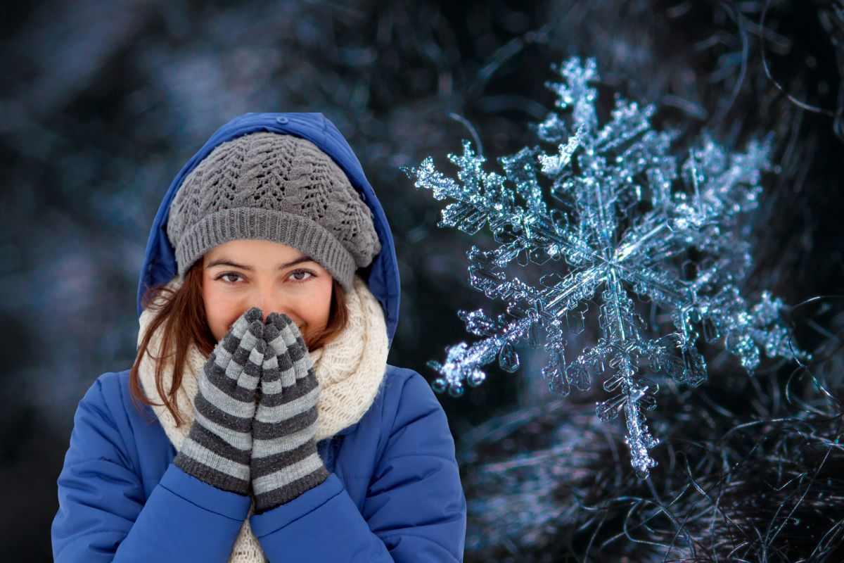 donna che sente freddo e scenario invernale