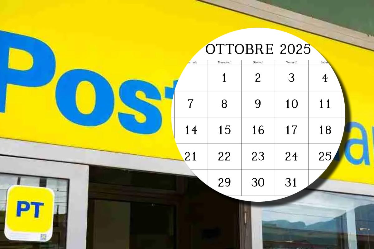 Logo delle Poste fuori da un ufficio e, in evidenza, un calendario con il mese di ottobre 2025