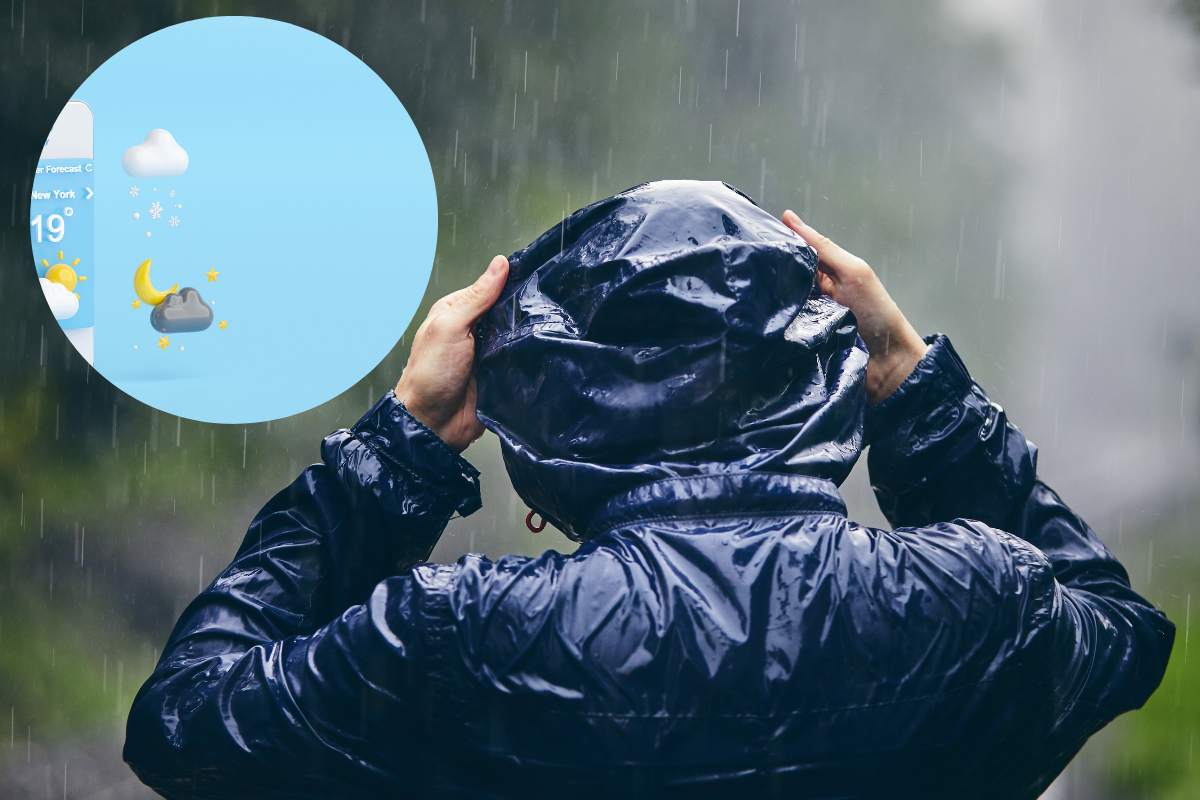 cellulare con meteo, persona sotto la pioggia