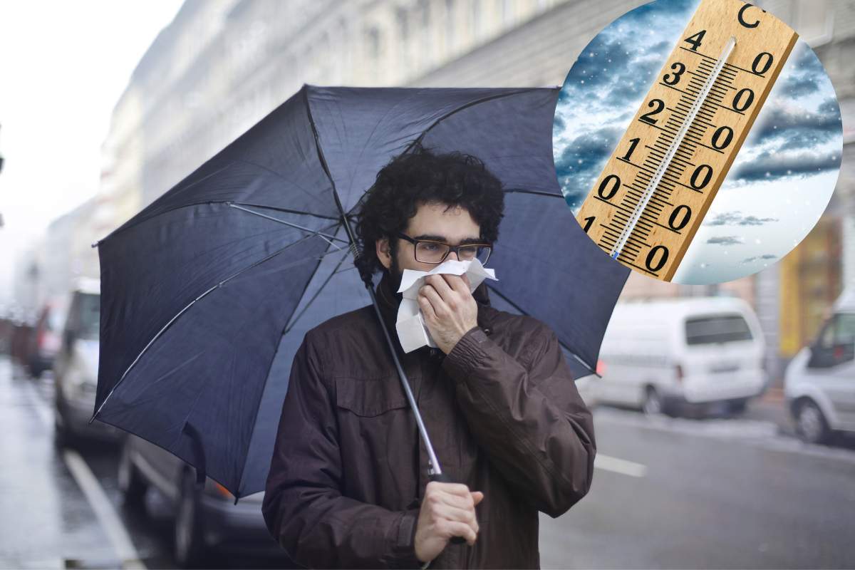 persona sotto la pioggia, temperature basse