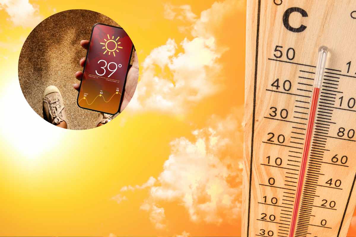sole con simbolo temperature alte, telefono con gradi