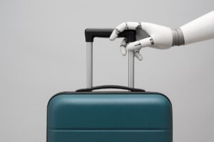 Illustrazione mano di un robot (personificazione dell'Intelligenza Artificiale) che ci pone la valigia