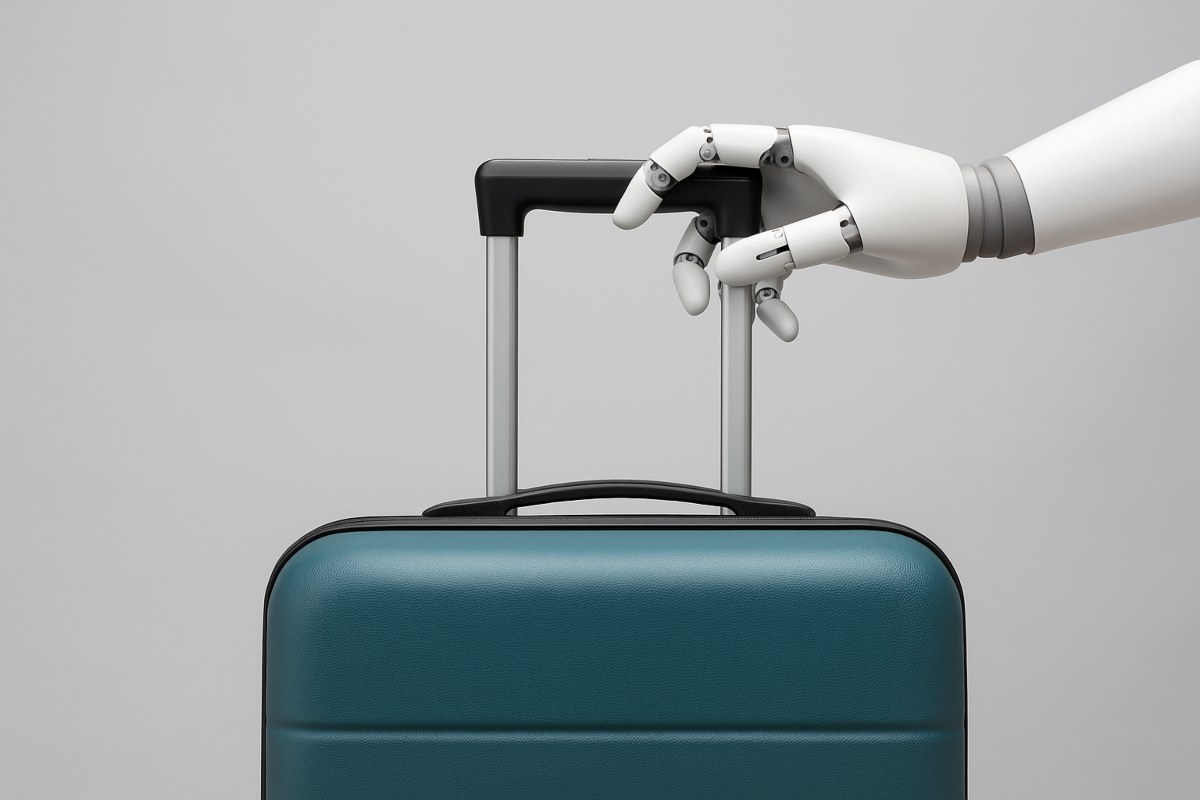 Illustrazione mano di un robot (personificazione dell'Intelligenza Artificiale) che ci pone la valigia