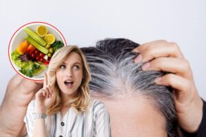 donna con idea, alimenti e donna con capelli bianchi