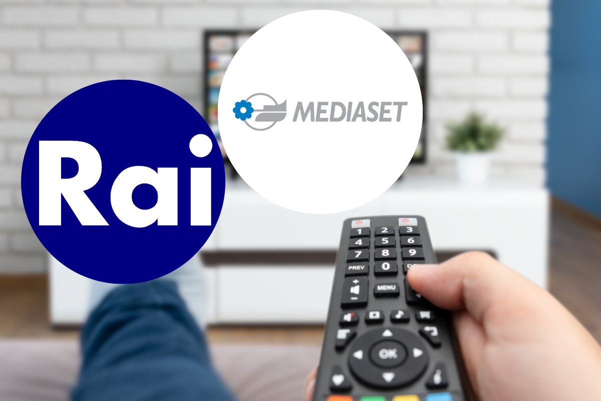 Telecomando con televisore e loghi Rai e Mediaset