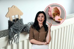 termosifone, donna esulta e salvadanaio a forma di maialino