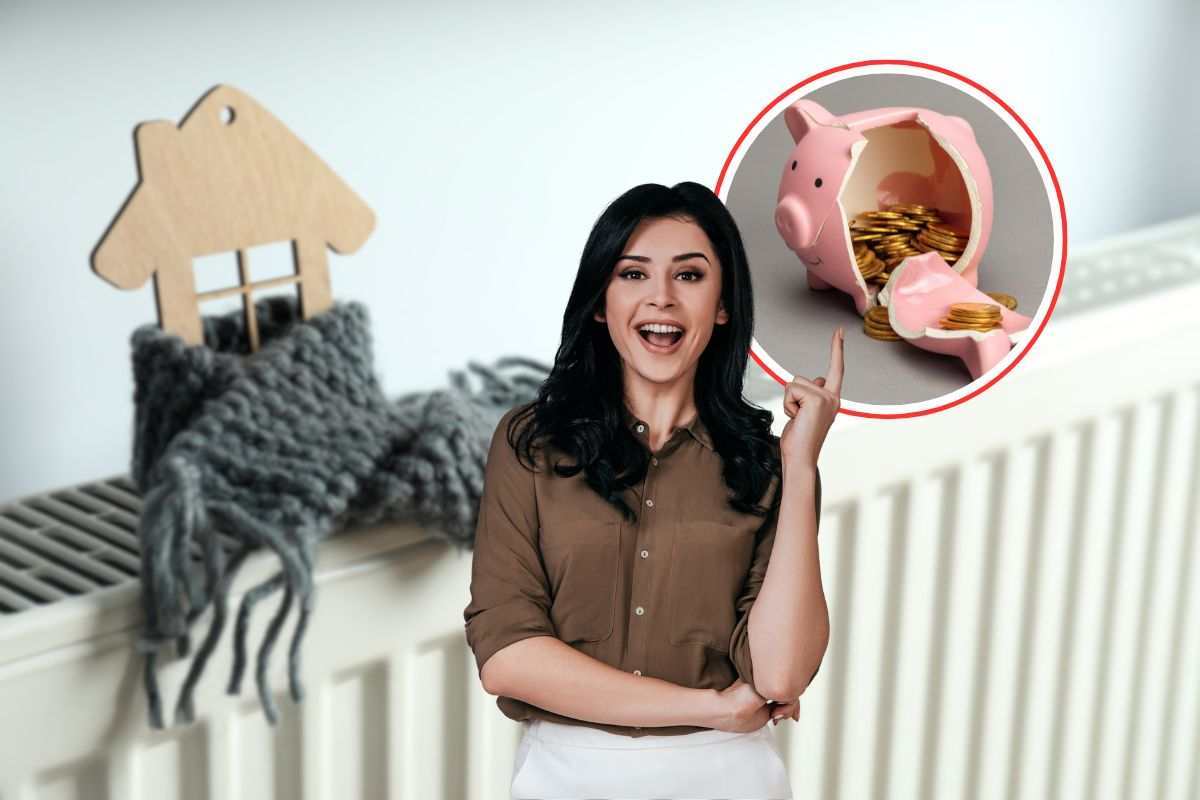 termosifone, donna esulta e salvadanaio a forma di maialino