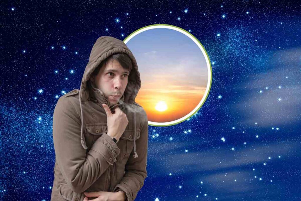 cielo stellato, alba e uomo che sente freddo