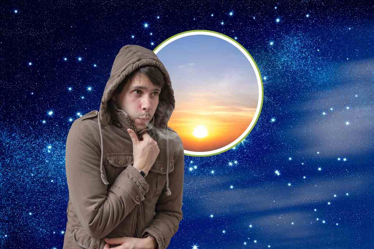 cielo stellato, alba e uomo che sente freddo